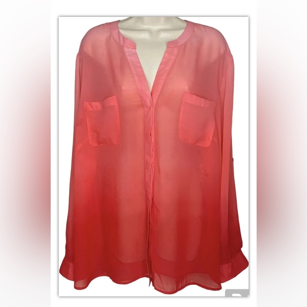 Covington Essentials Semi-Sheer Blouse Coral 3X Button Down Pockets Long Sleeves